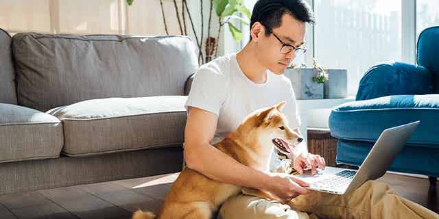 Man sitting with his dog researching online about what are personal loans, and how do they work.